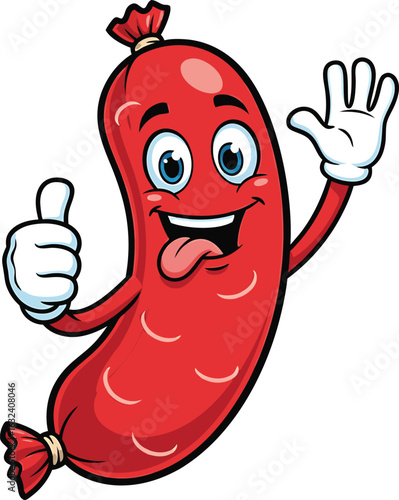Cheerful cartoon sausage character with thumbs up gesture and waving hand