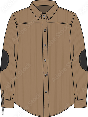 Men long sleeve shirt template, elbow patch casual shirt design, fashion CAD flat sketch, front view vector drawing, technical apparel illustration, clothing design mockup