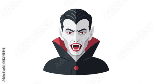 Stylized depiction of a vampire character with sharp features, a dark cloak and prominent fangs against a plain background