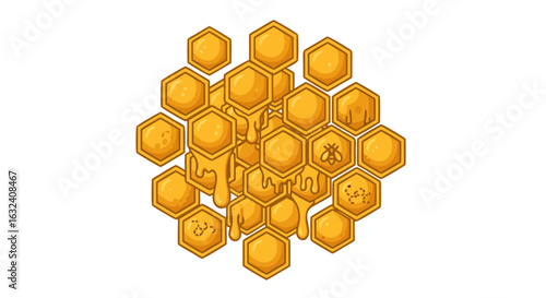Illustrated honeycomb structure with dripping honey design for graphic use illustration golden style dripping isolated in white background