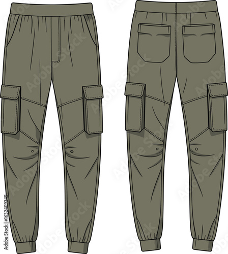 Cargo jogger pants template, men utility pants design, fashion flat sketch, technical CAD drawing, front and back view, vector illustration, apparel mockup