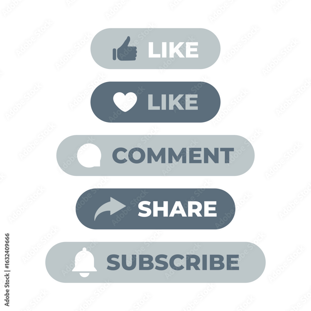 Fototapeta premium Social Media Interaction Buttons Vector Set. Like Comment Share Subscribe Flat UI Elements in Grey and Blue Color. Vector Illustration of Call to Action Buttons for Online Engagement Interface
