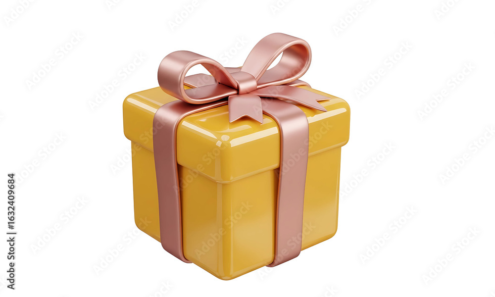 Obraz premium 3D Yellow Gift Box with Pink Ribbon PNG 