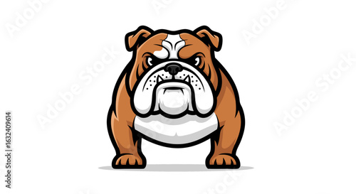 Cartoon-Style Bulldog Mascot with Intense Stare and Robust Build Portrayed on Clean White Backdrop