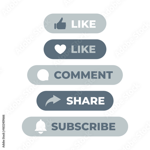 Social Media Interaction Buttons Vector Set. Like Comment Share Subscribe Flat UI Elements in Grey and Blue Color. Vector Illustration of Call to Action Buttons for Online Engagement Interface