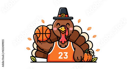 A Whimsical Thanksgiving Celebration: A Turkey Player with Basketball and Autumn Leaves