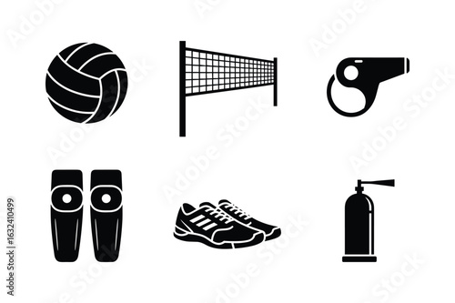 Volleyball equipment icons including ball net shoes whistle and shin guards vector