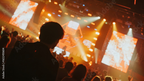 Audience at a vibrant concert with dynamic lighting and large screens
