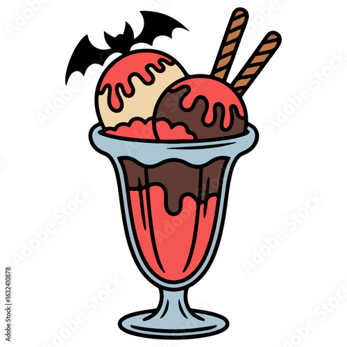 A spooky Halloween sundae with bat decoration and colorful flavor scoops. Transparent png vector