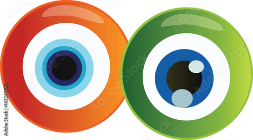 Two Connected Eye-Shaped Forms in Orange and Green with Vibrant Iris Detail – Abstract Vision Vector Design