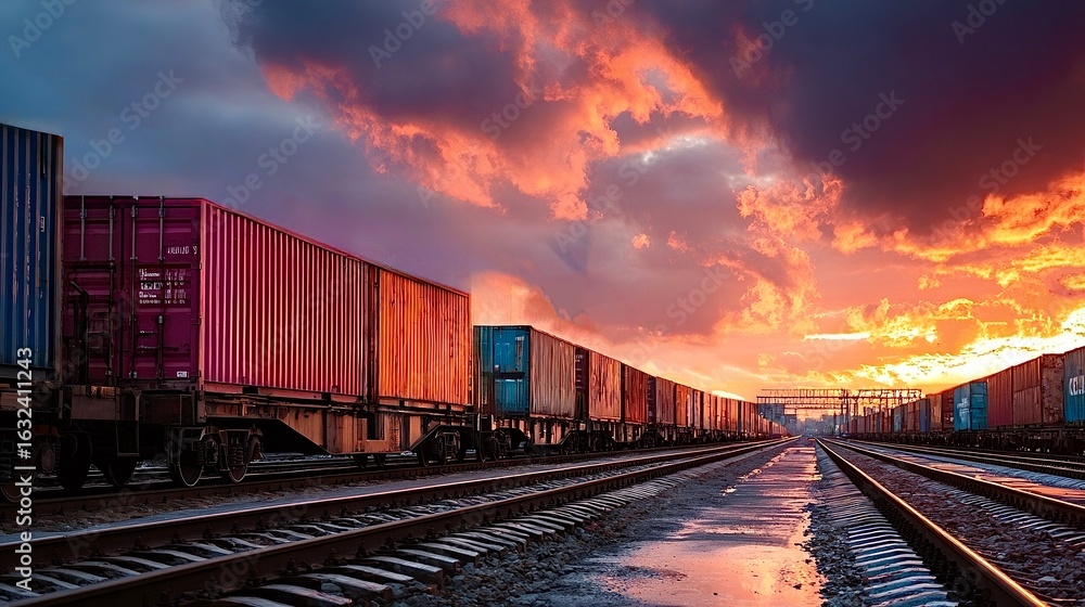 Fototapeta premium Freight train carrying cargo containers at sunset