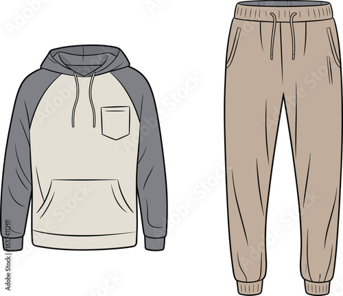 cad drawing flat vector illustration, hoodie and jogger pants, casual wear, fashion apparel, sportswear outfit, modern design, technical sketch, garment template, apparel mockup, streetwear style, 