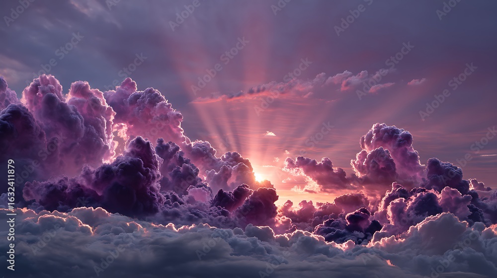 Fototapeta premium A stunning sunrise behind a supernova light, with the sun casting rays through vibrant purple and violet clouds, creating a dramatic and beautiful scene.