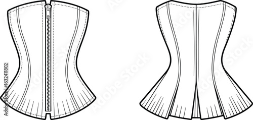 CAD drawing, flat vector illustration, women's corset, front and back view, zipper closure, fashion technical sketch, garment design, sewing pattern