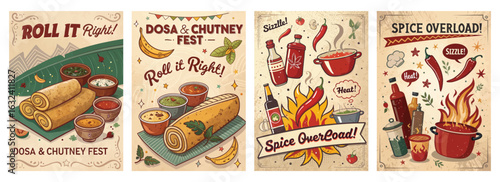 Set of four posters featuring Dosa and Chutney festival with vibrant illustrations and festive designs