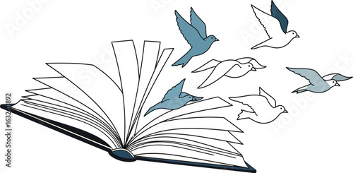 Open Book with Birds Flying on White Background, Education Concept