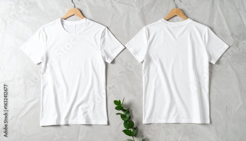 Blank White T-shirt Mockup, Front and Back View with Minimalist Greenery on Gray Textured Background
