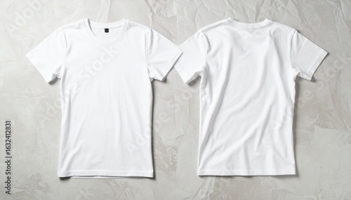 Two White T-shirts Lying Flat on Neutral Stone Background, Clothing Mockup