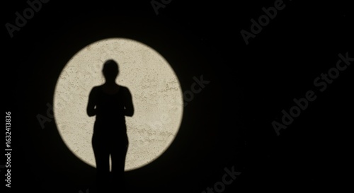 A silhouette of a person stands against a large, illuminated circular shape, creating a striking contrast with the dark background.