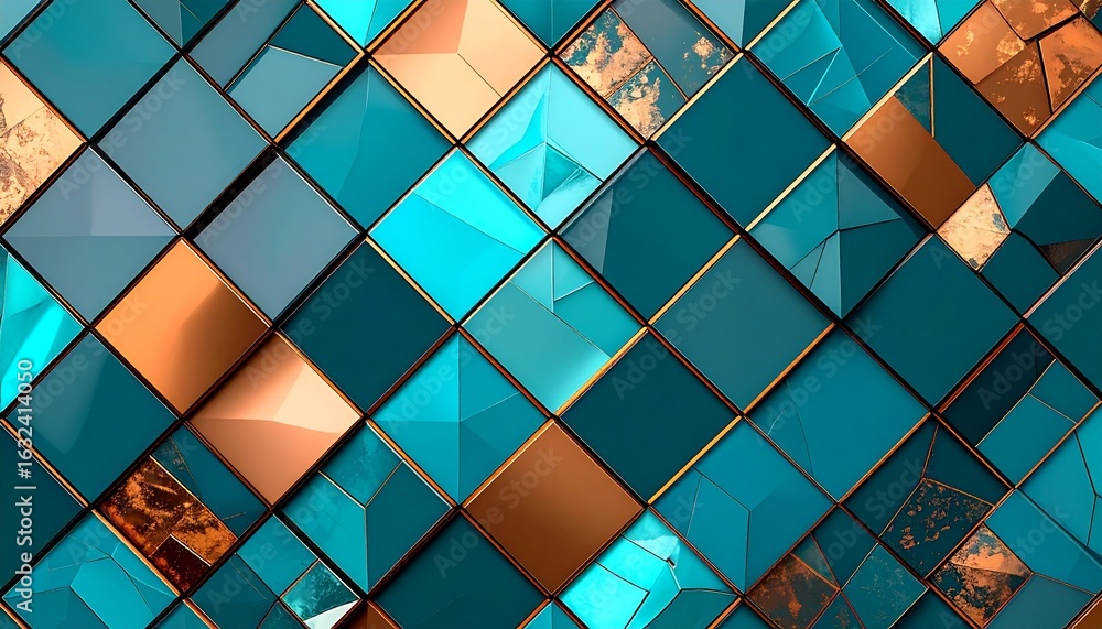 Realistic HD abstract background inspired by Turkish culture, vivid royal blue, copper, and turquoise tones with geometric patterns resembling Iznik tiles, layered textures with metallic accents and g