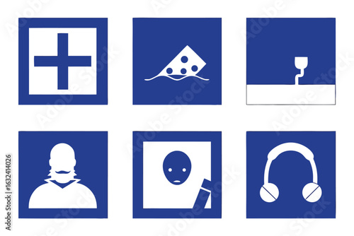 Six blue and high quality white graphic icons representing various concepts symbols graphic design
