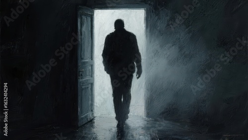 A silhouette of a person walking towards a bright light through an open door, creating a dramatic and mysterious atmosphere.
