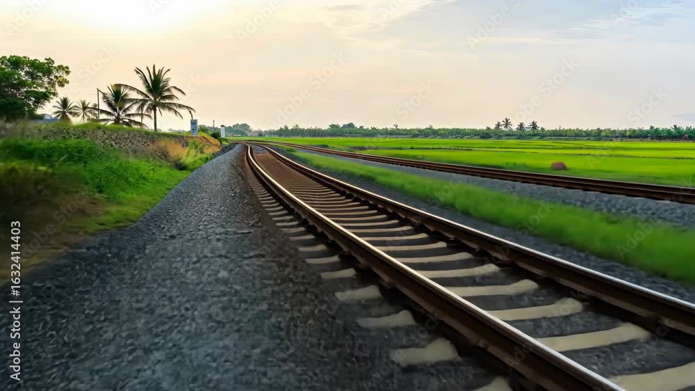 Tracks curve gracefully through vibrant greenery, showcasing nature's beauty during a tranquil evening hour Tracks curve gracefully through vibrant greenery, showcasing nature's beauty during a tranquil evening hour
