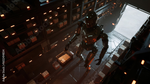 A humanoid robot stands on a rooftop in a futuristic cityscape at night, illuminated by ambient light.