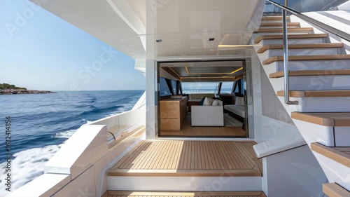 Explore a sleek yacht's elegant interior and outdoor spaces featuring stylish furnishings and panoramic ocean views under the blue sky