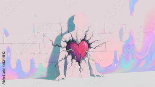 A surreal illustration of a faceless figure breaking through a wall, revealing a vibrant heart, symbolizing emotional vulnerability and expression.