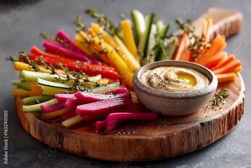 A wooden platter of colorful vegetable sticks, paired with a creamy hummus dip, offering a fresh and healthy appetizer option.