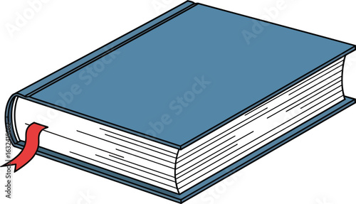 Blue Hardcover Book with Red Bookmark on a Light Gray Surface