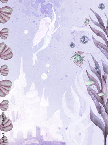  Watercolor underwater postcard for birthday girl with mermaid tail for party invitation card.