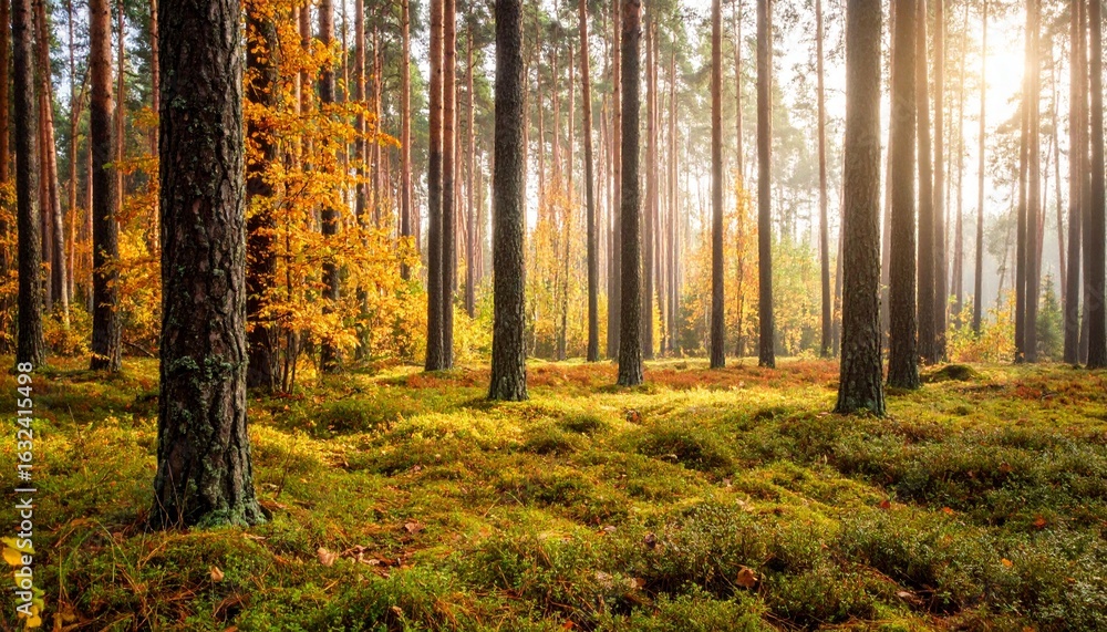 Fototapeta premium 秋のイメージ 木漏れ日の差す秋の森林風景