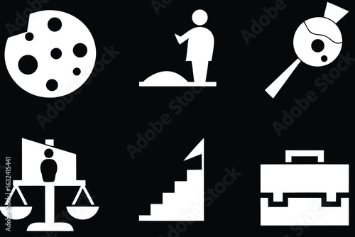 Six high quality White Icons on Black Background symbol graphic