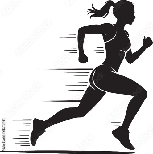 Dynamic Silhouette of a Female Runner in Motion on White Background running woman
