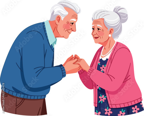 An elderly couple holding hands and looking at each other with love and affection on a white background