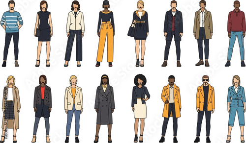 Illustrated diverse group of people showcasing various fashion styles and clothing combinations