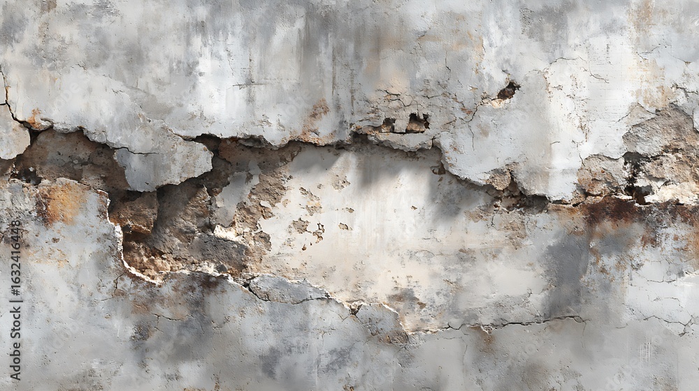 Obraz premium Cracked and weathered concrete wall texture with peeling paint and exposed aggregate details