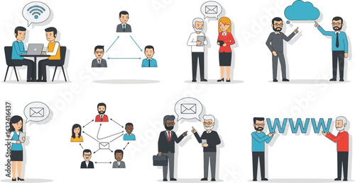 Illustration of business communication and networking concepts with diverse professionals