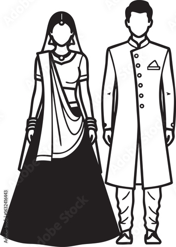 
Indian Wedding Couple Vector - Traditional Lehenga Sherwani Design