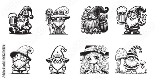 Collection of eight black and white gnome illustrations with various themes including wizardry and beer