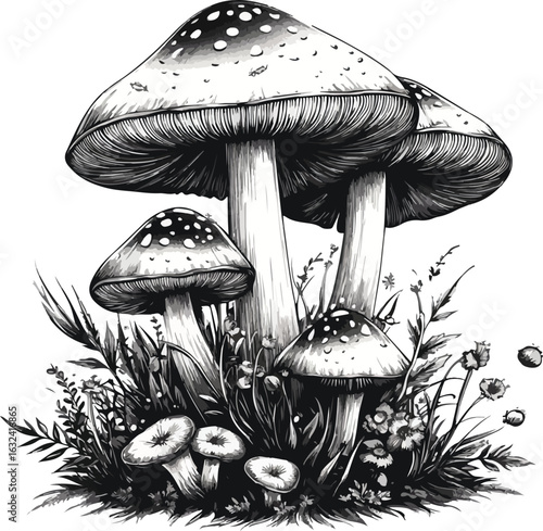 Vector illustration of mushrooms on green grass, showing a variety of edible and poisonous fungi in a forest setting