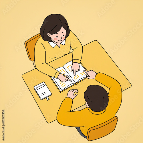 Vector illustration of warm educational moments - A woman helps a young boy hold a workbook on a table, they are engaged in a relaxing educational activity