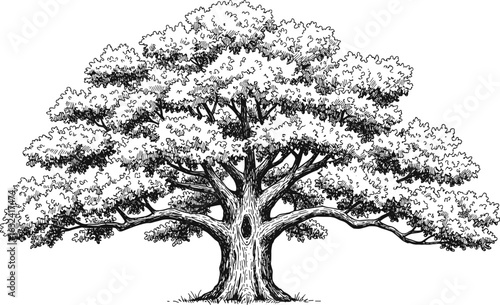 Detailed ink drawing of a large oak tree, vintage style, forest landscape sketch, hand-drawn botanical artwork, black and white illustration