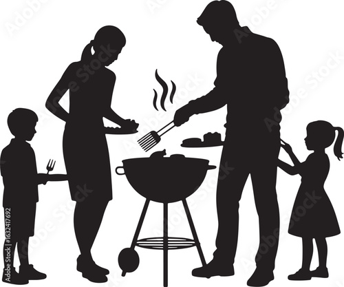 Family Grilling and Cooking Together Outdoors