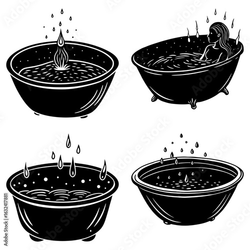 Four black and white illustrations of bathtubs with water and a woman taking a bath inside one
