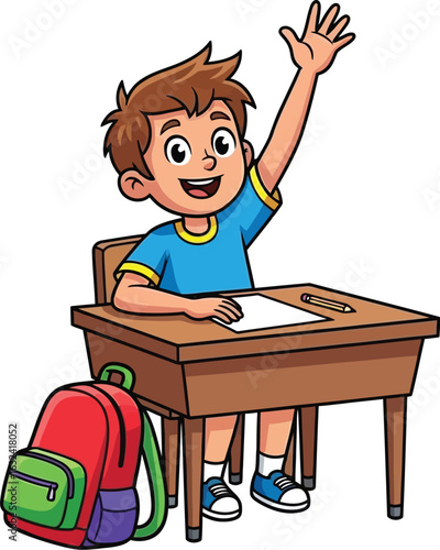 Cartoon Boy Raising Hand at School Desk with Backpack Illustration