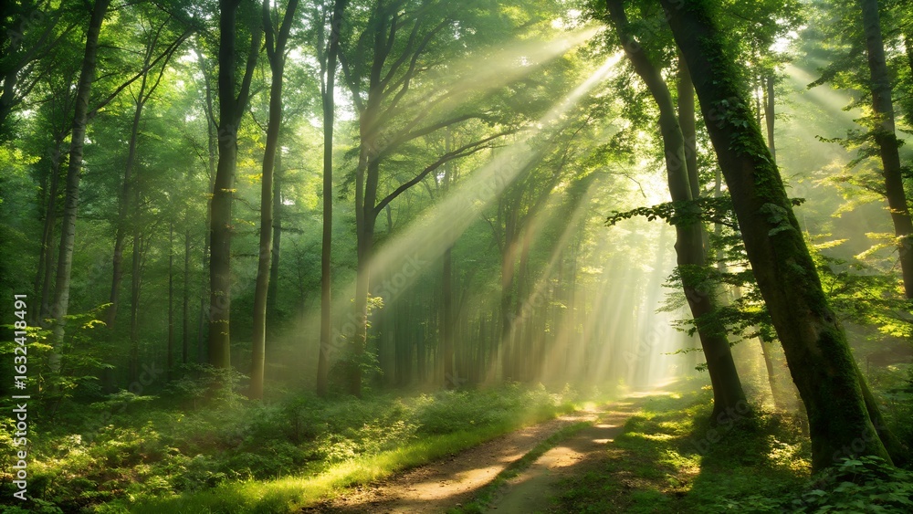 Obraz premium Sun rays filter through misty autumn foliage in a tranquil morning forest landscape