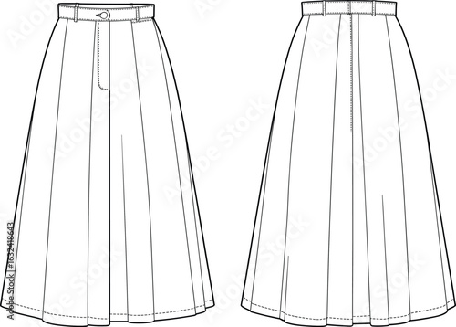 Flat sketch of women's pleated A-line midi skirt with waistband, belt loops, front closure, technical fashion illustration for designers.